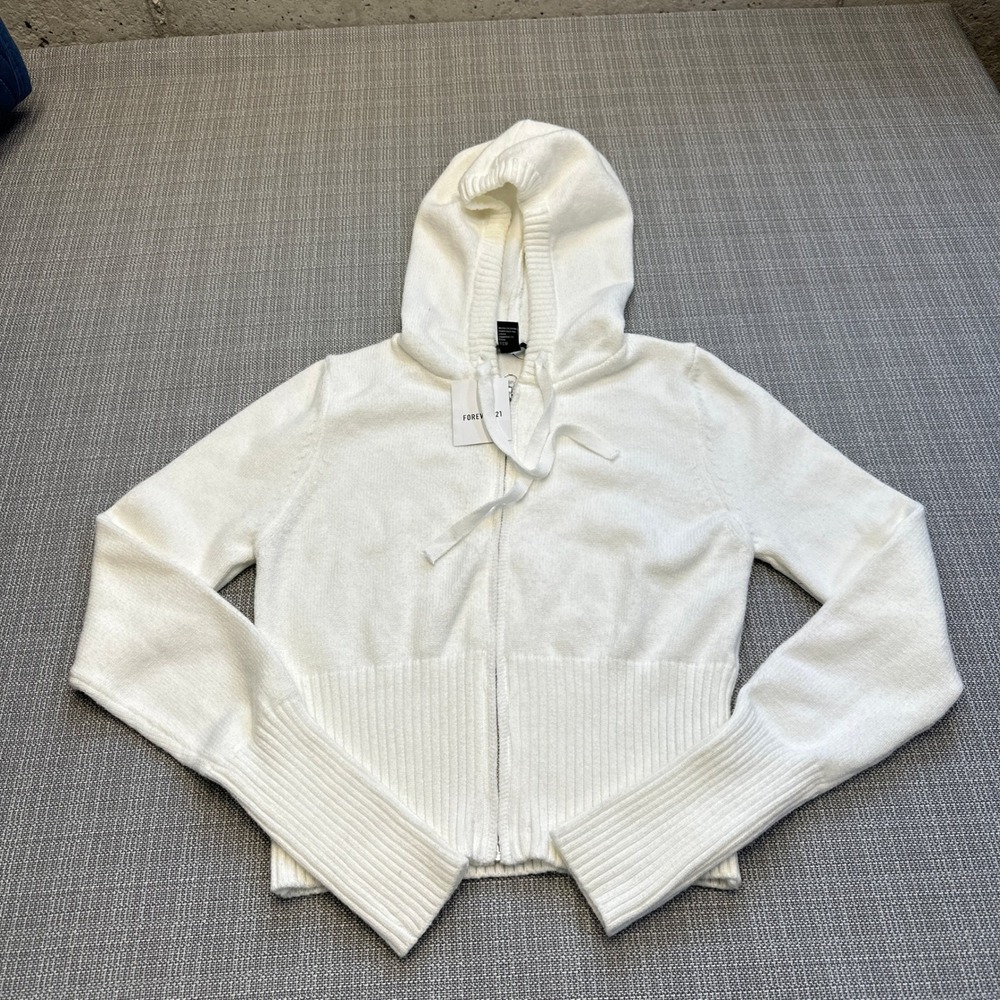 Balletcore Cropped Zip Sweater Hoodie Large Ivory Cozy Lounge Athleisure